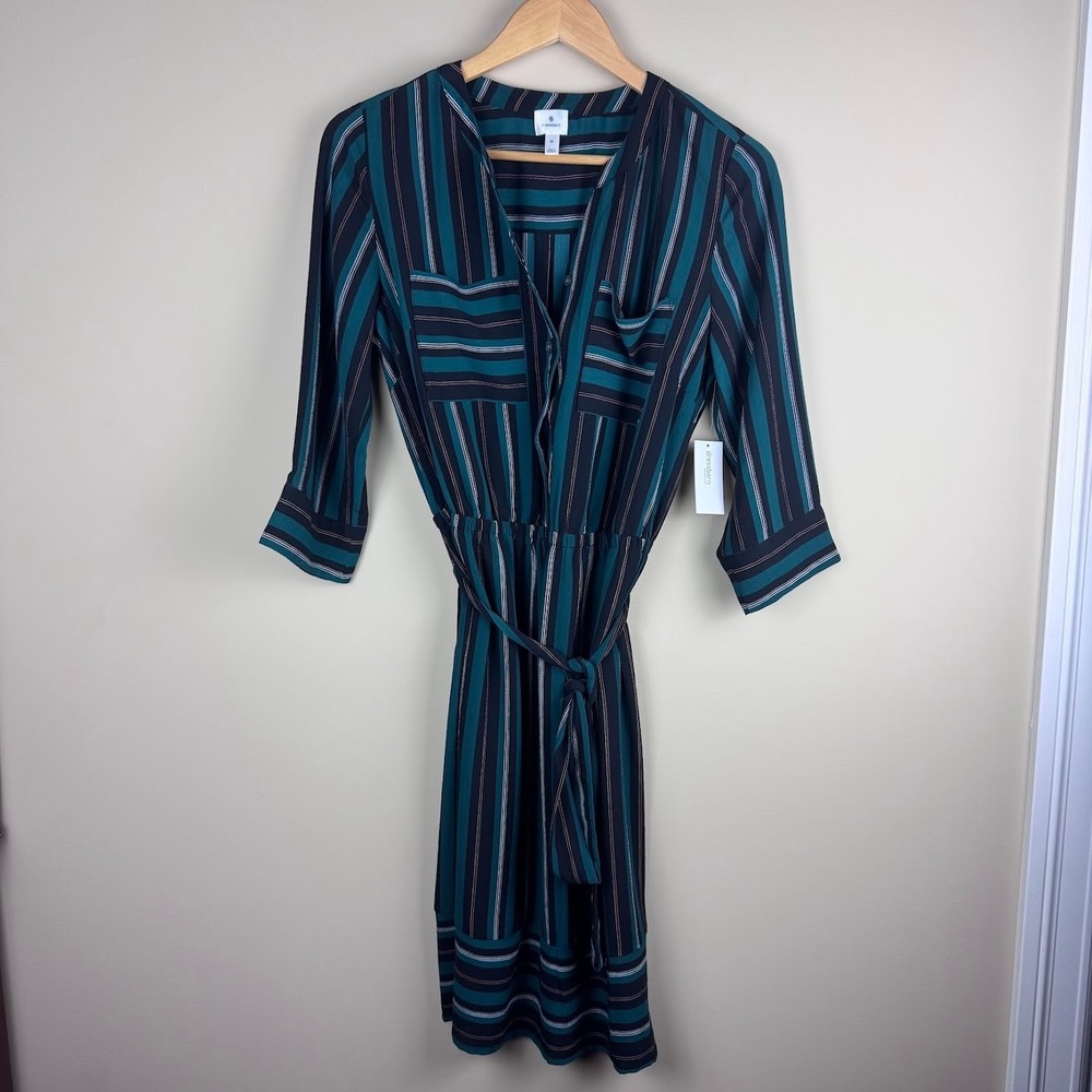 Dressbarn Striped Tie Waist Green‎ Black Career Casual Midi Dress Size 10